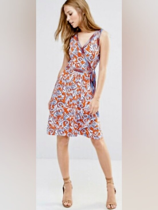 BCBGMaxAzria Dresses & Skirts - BCBG Max Azria Orange Blue Ikat Print Hallee Wrap Dress Size XS